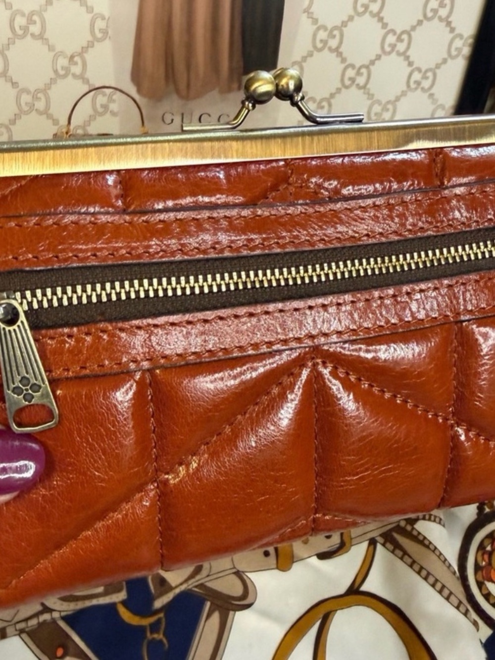 Patricia Nash Quilted Cognac Leather Frame Clutch